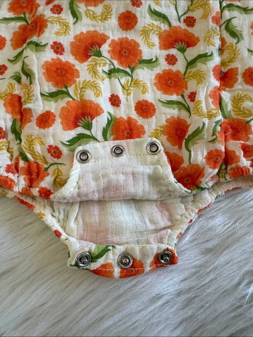 Angel Dear Muslin Orange Marigold Ruffle Sun Bubble Baby Romper Size 6-12 Month